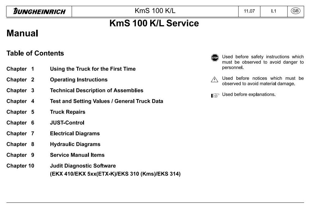 Jungheinrich KmS 100K, KmS 100L (07.1999-06-2004) Order Picker Workshop Service Manual