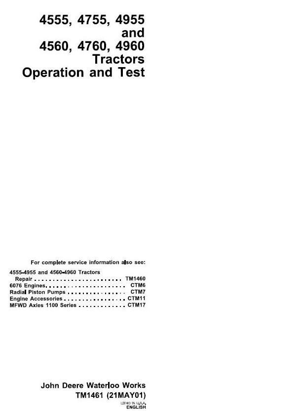 John Deere 4555, 4560, 4755, 4760, 4955, 4960 Tractors Diagnosis and Tests Service Manual (tm1461)