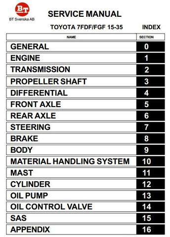 Toyota (BT) 7FDF15,7FDF18, 7FDF20,7FDF25, 7FDF30, 7FDJ35 Diesel Forklift Truck Service Repair Manual