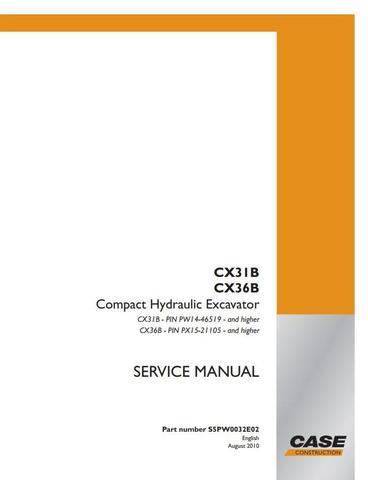 Case CX31B, CX36B Mini Excavators Workshop Service Manual / TechBooks Store