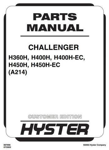 Hyster H360H, H400H, H450H, H400-EC, H450H-EC USA Lift Truck A214 Series Spare Parts Manual